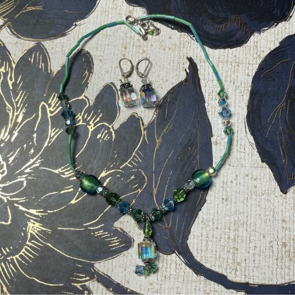 Vintage Handmade 925 Sterling Silver Blue Crystal Bead Necklace and Earrings D2